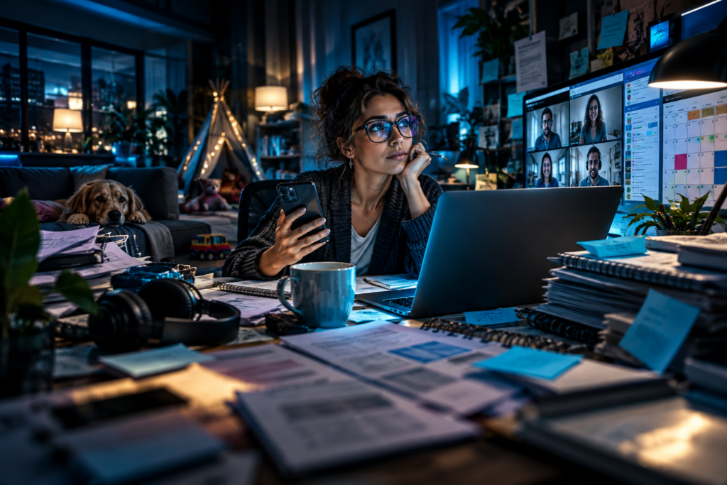 Profesional trabajando desde casa entre documentos, reuniones virtuales y tareas pendientes, reflejando los retos de la gestión del teletrabajo.