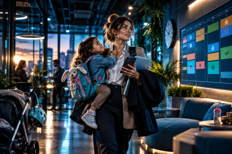 Madre trabajadora con su hija en brazos y dispositivos de trabajo, junto a un calendario de horarios que representa las medidas de conciliación laboral.