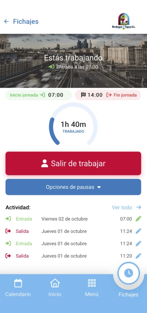 Pantalla de fichajes de la app HRLOG