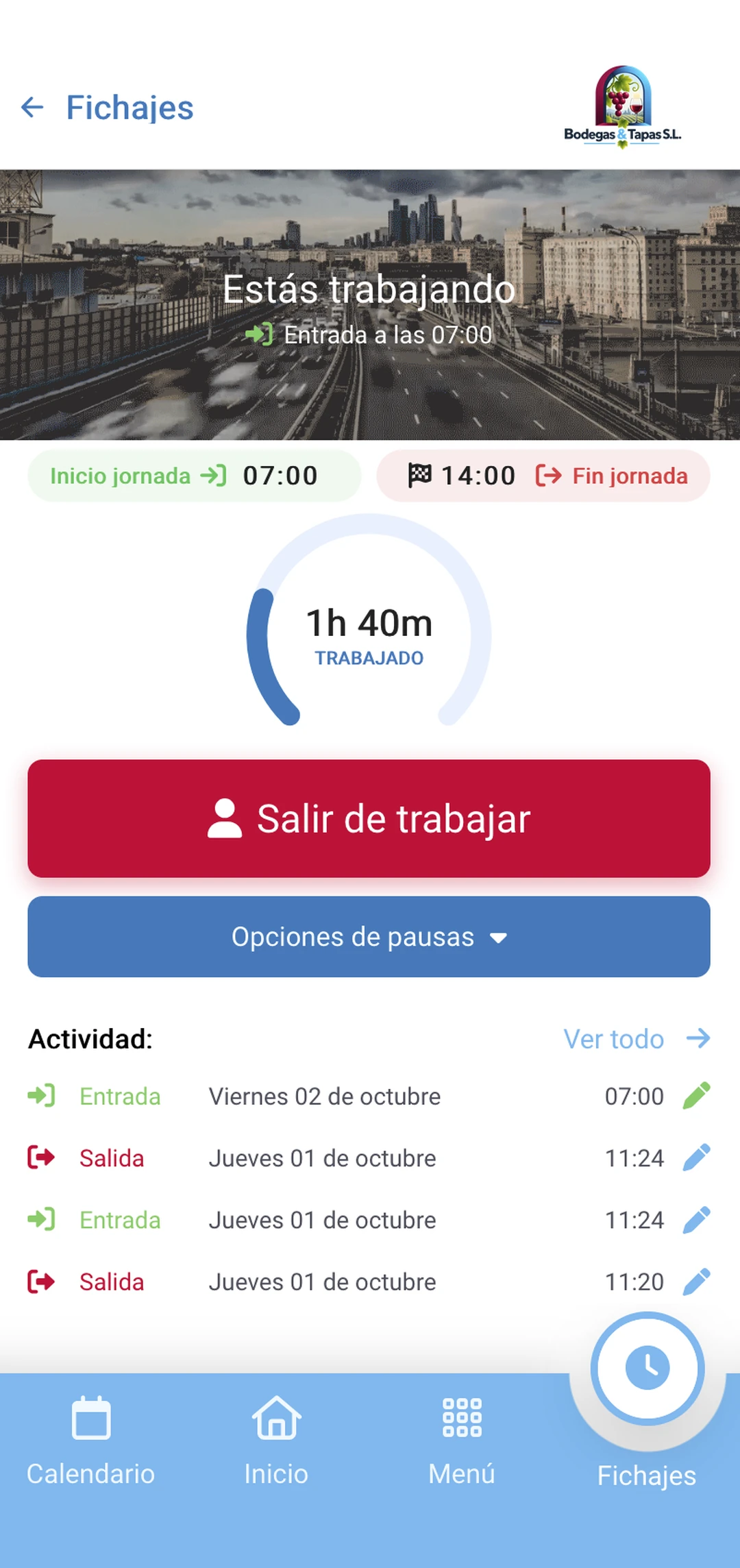 Pantalla de fichajes de la app HRLOG