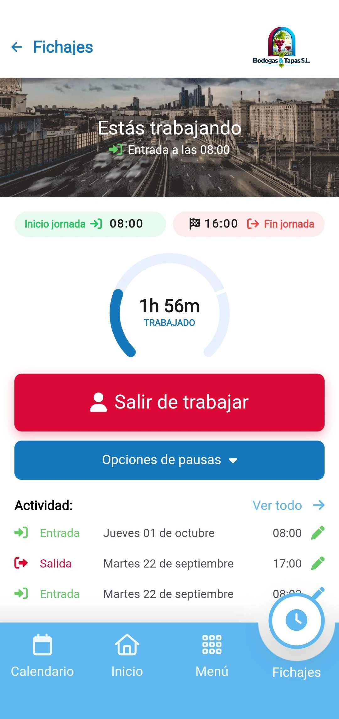 Pantalla de fichajes de la app HRLOG