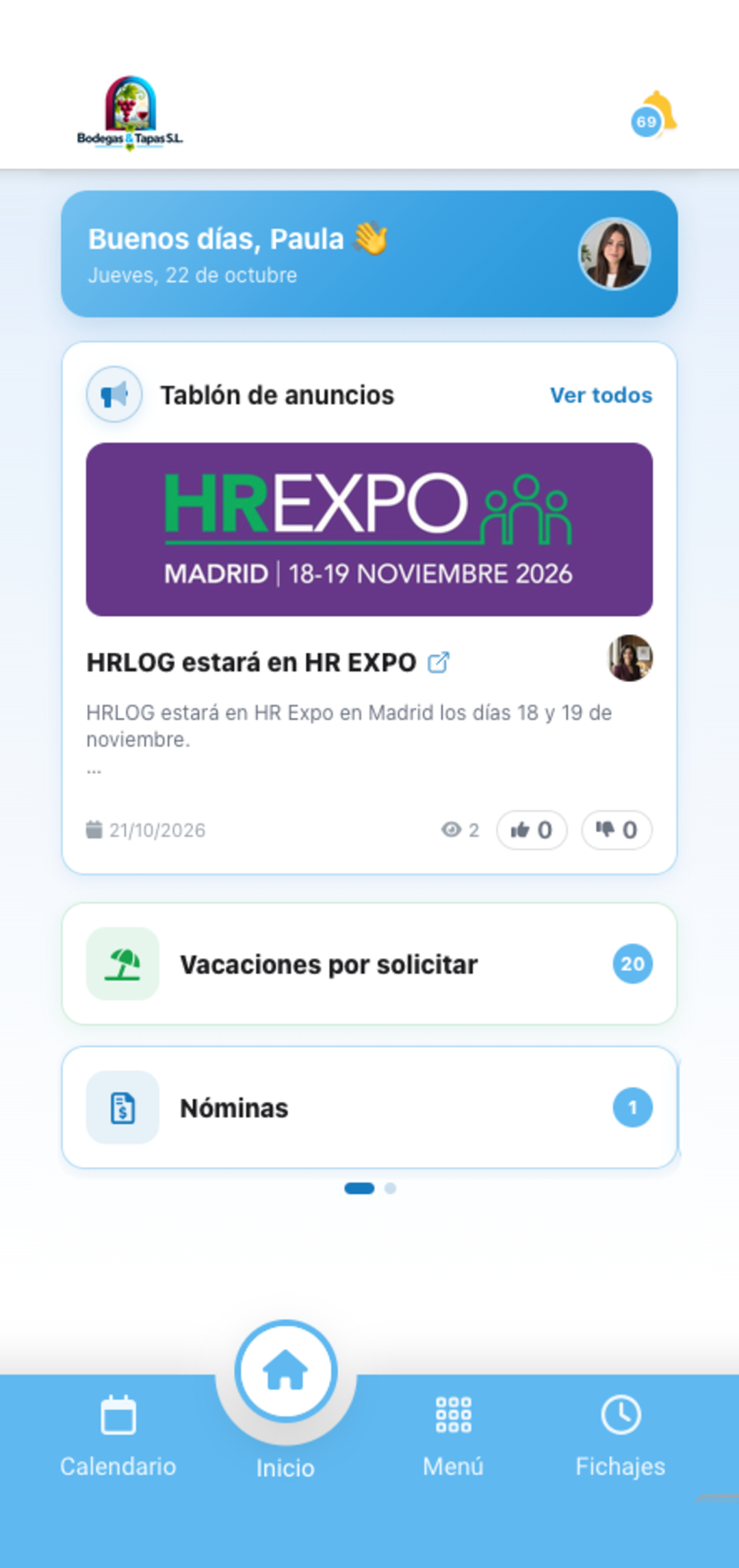 Pantalla de inicio de la app HRLOG para empleados