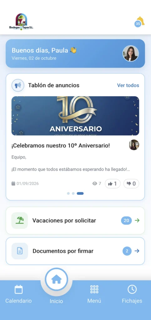 Pantalla de inicio de la app HRLOG para empleados
