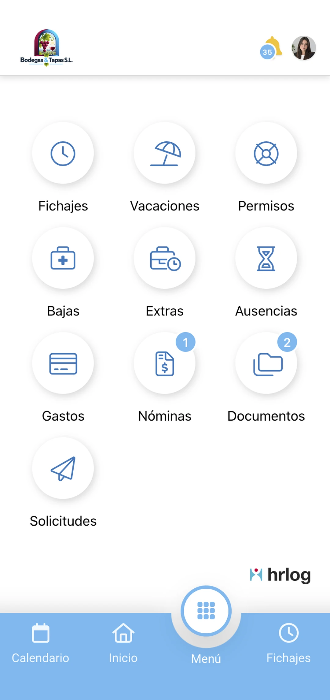 Menú de la app HRLOG