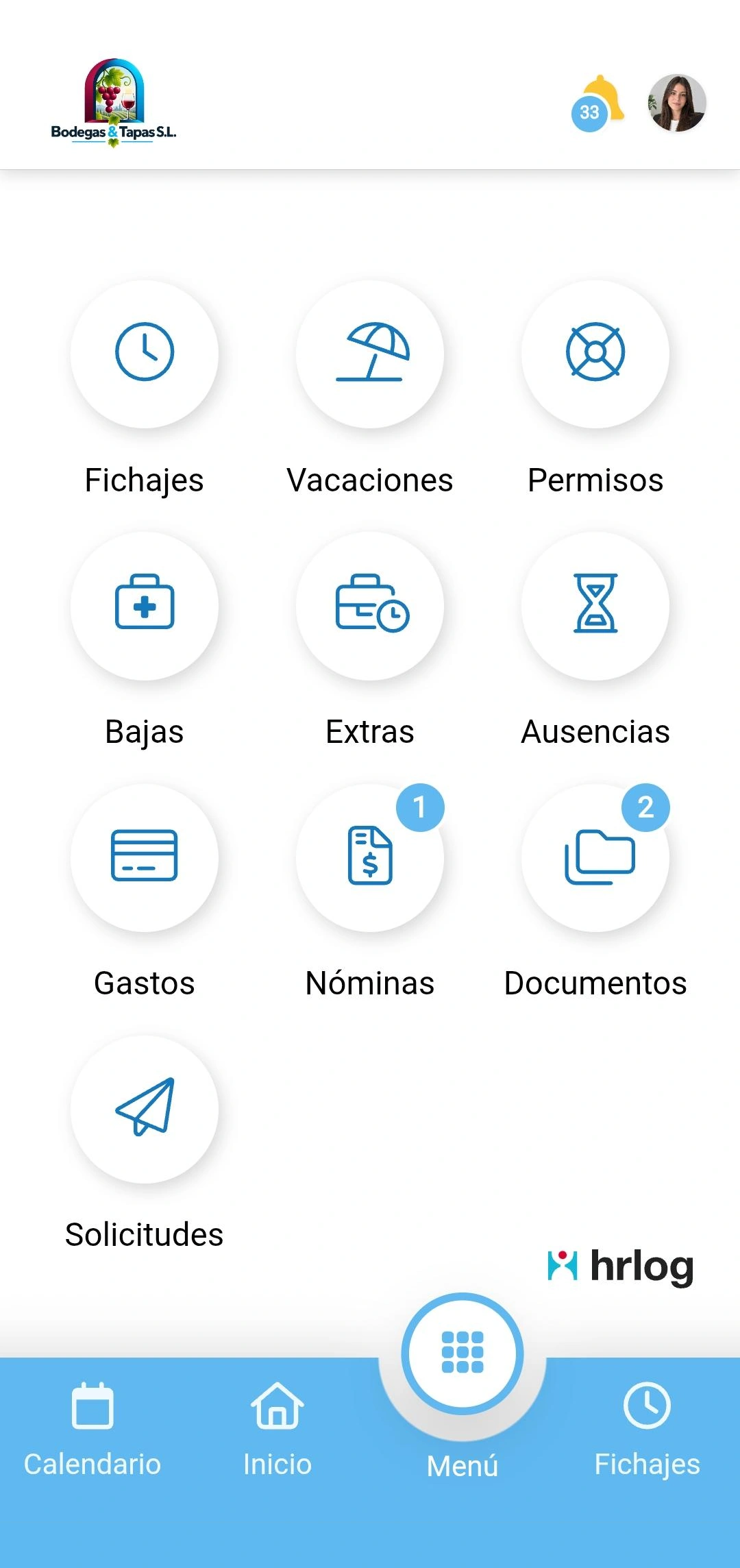 Menú de la app HRLOG