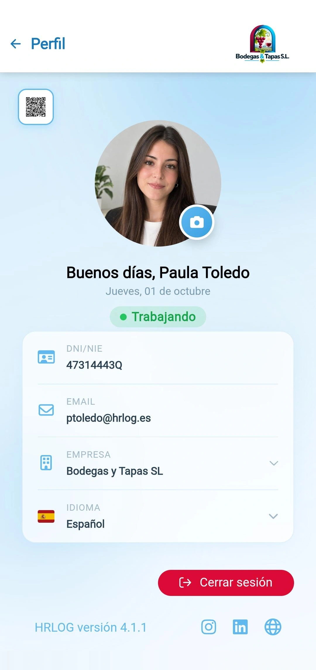Perfil de empleado en la app HRLOG