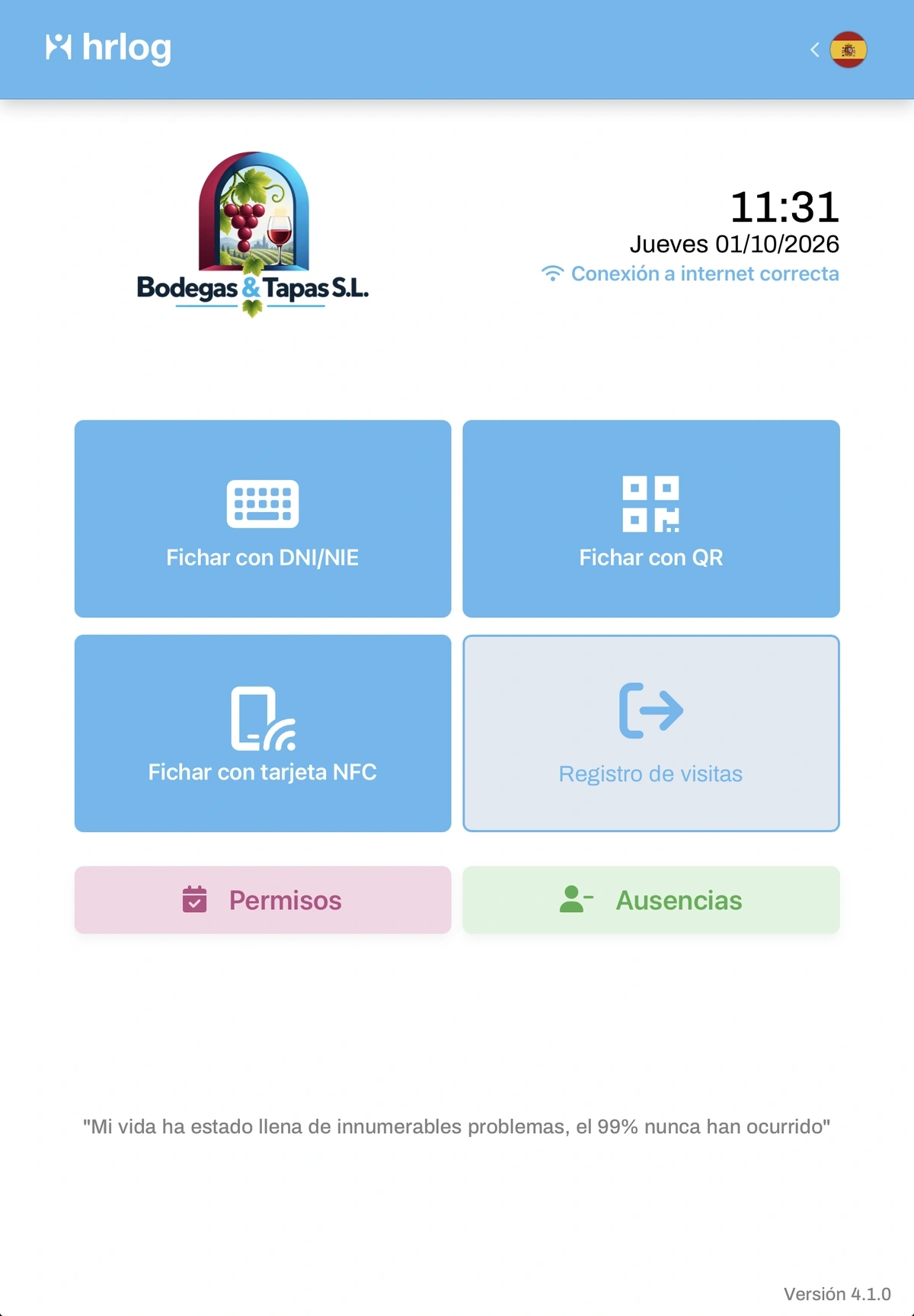 HRLOG Mostrador: pantalla de inicio en tablet