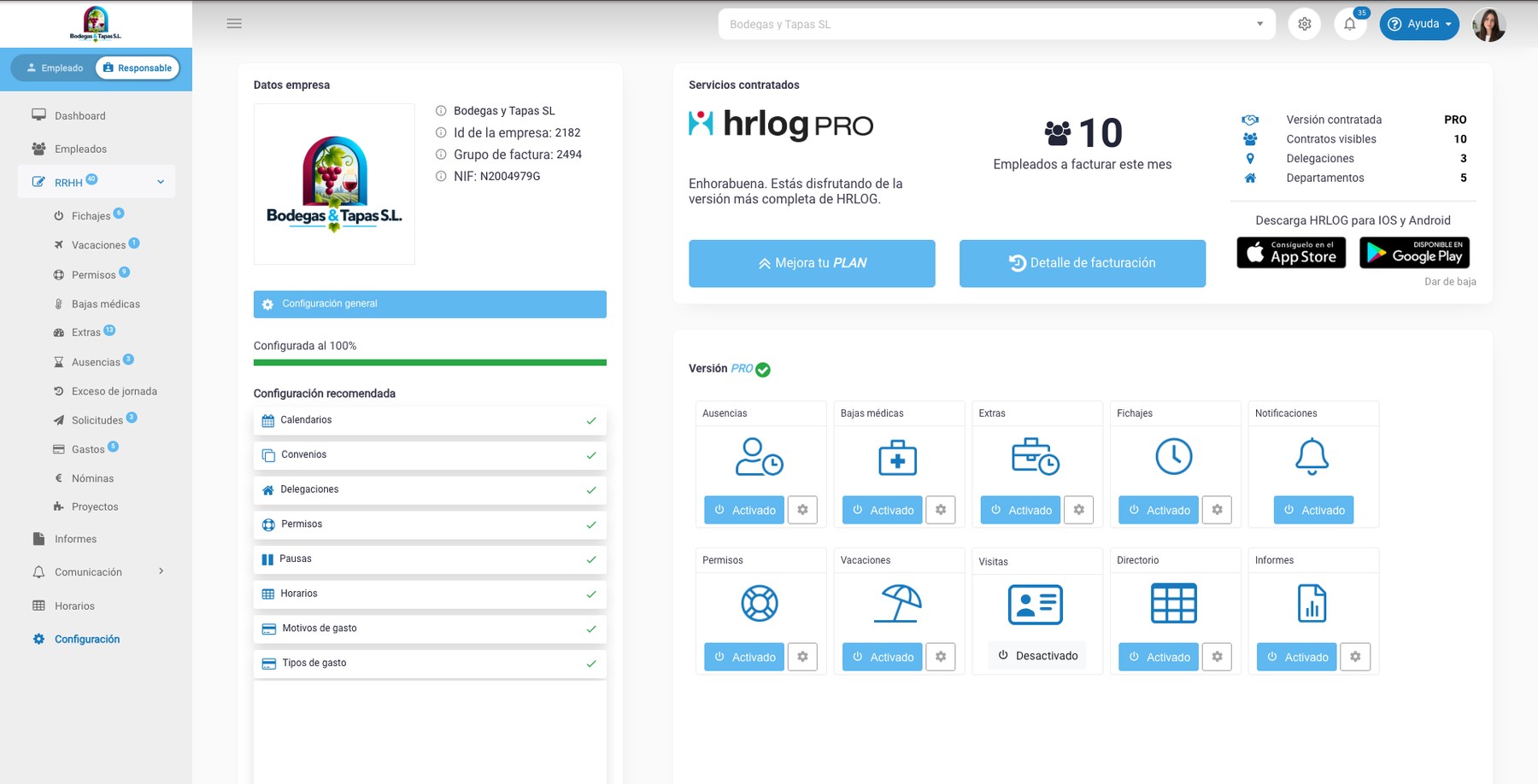 Panel web de HRLOG: configuración de la empresa