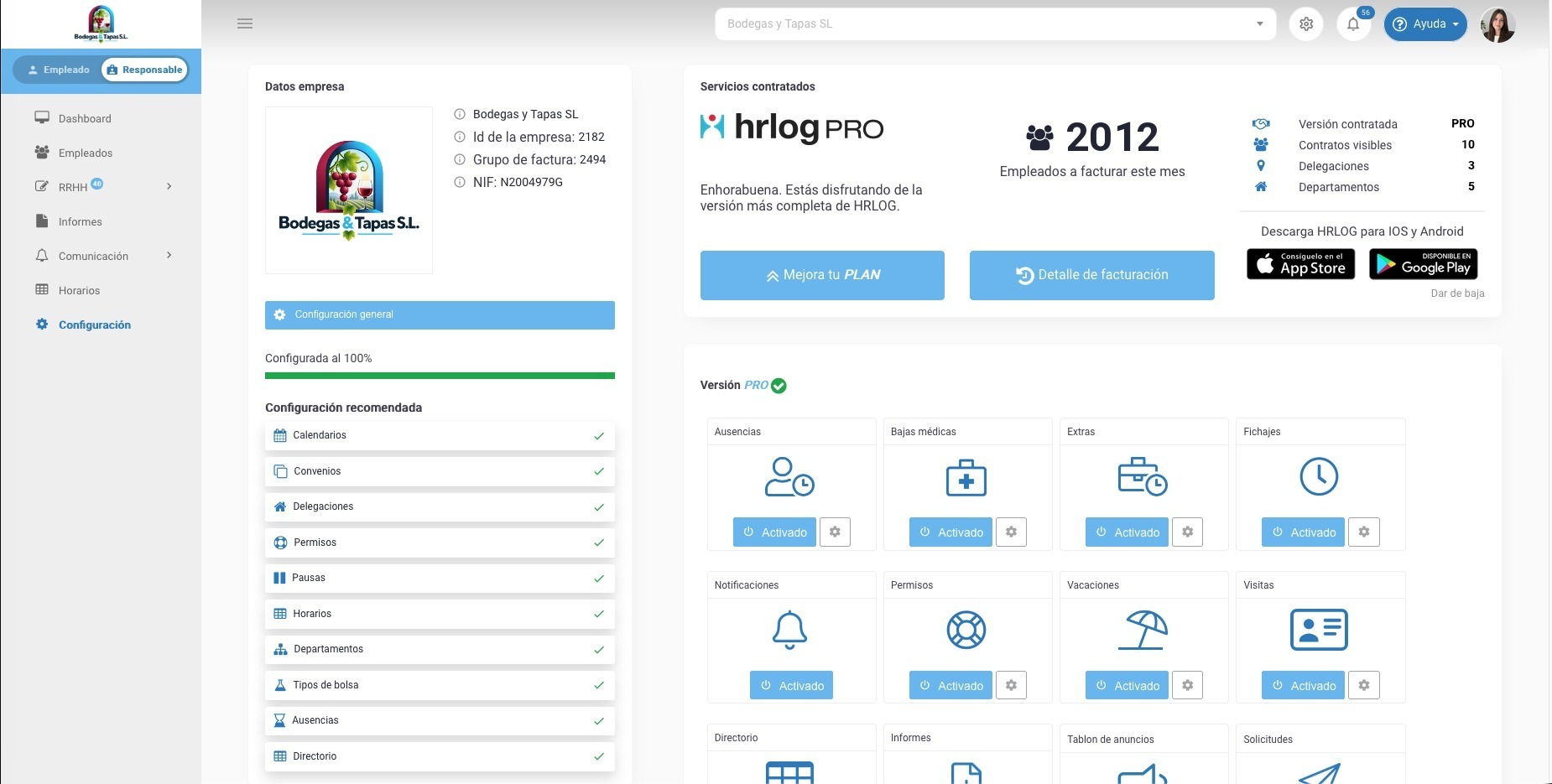 Panel web de HRLOG: configuración de la empresa