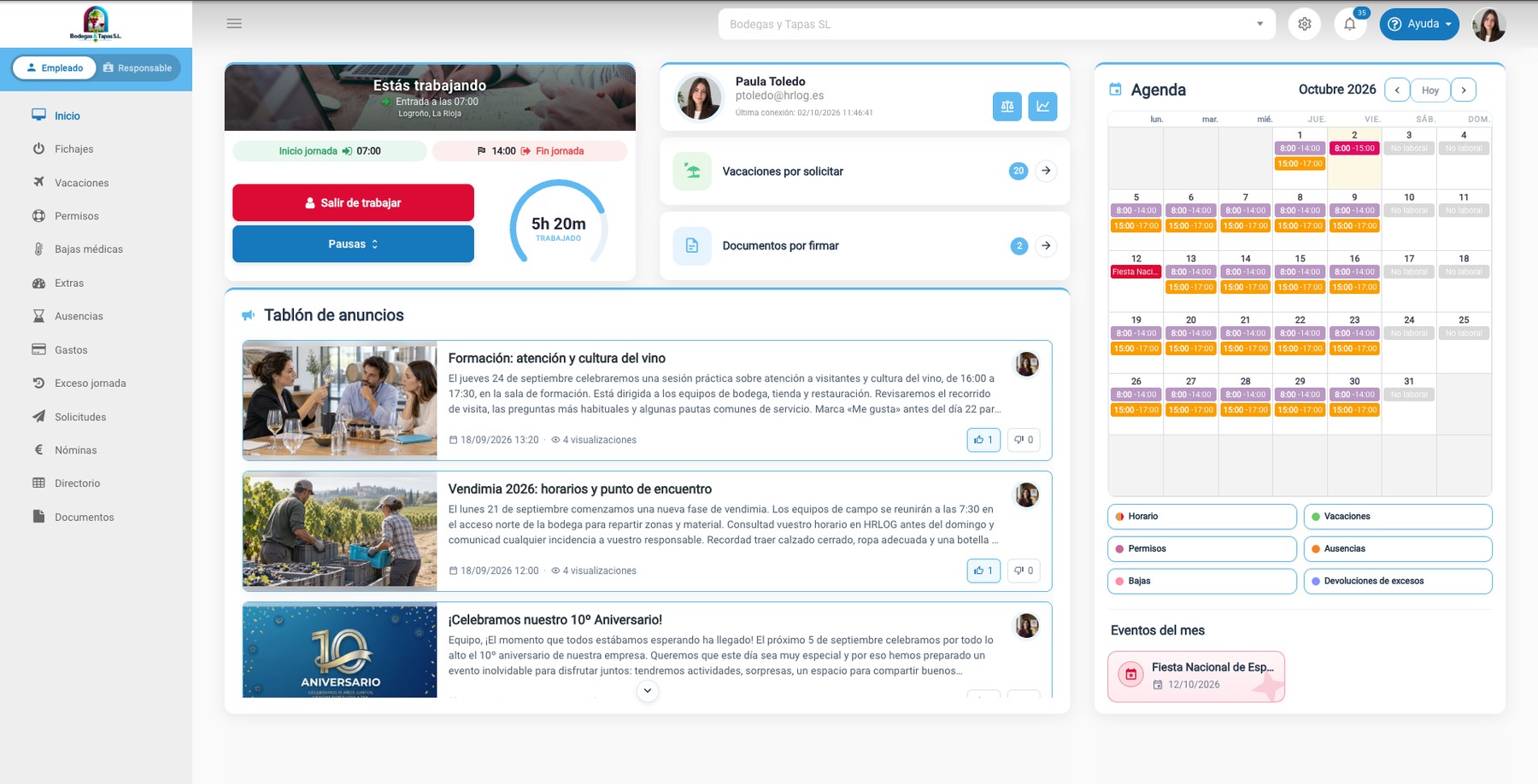 Panel web de HRLOG: inicio del empleado
