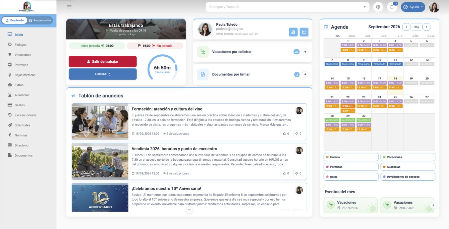 Panel web de HRLOG